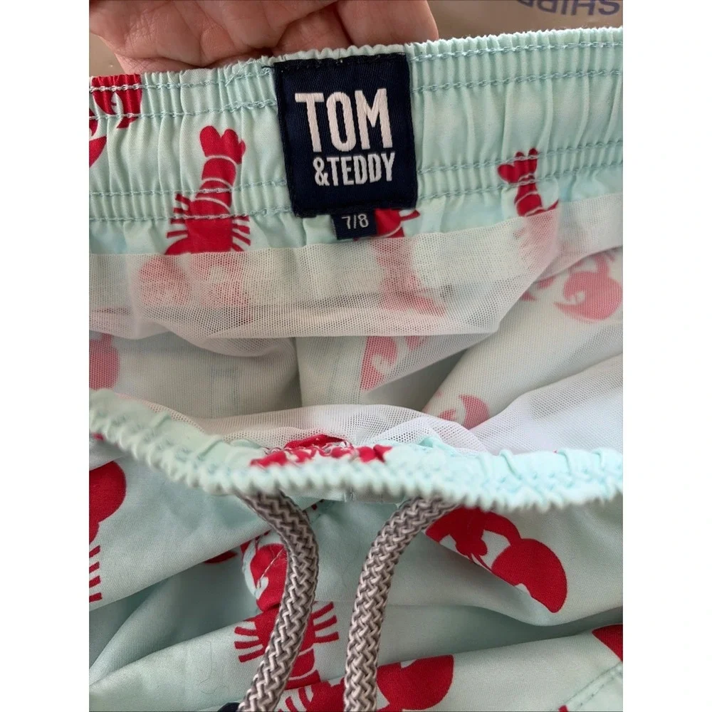Tom & Teddy‎ Lobster Print Swim Trunks Boys Size 7/8 Blue Red Beach Shorts Mesh